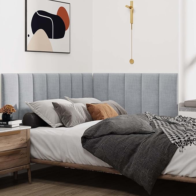 IFNOW Upholstered Wall Mounted Headboard, 3D Soundproof Wall Panels Peel and Stick for Queen Size, Reusable and Removable Tufted Bed Headboard in Light Grey (6 Panels, 10" x 24")