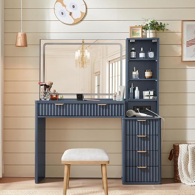 LEYAOYAO Vanity Desk with Mirror and Lights, 43.5'' Fluted Makeup Vanity with 6 Drawers and Adjustable Shelves, Glass Top Make Up Vanity, Girls Wood Dressing Table with Power Outlet for Bedroom