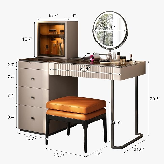 Lartis Vanity Desk with Mirror and Lights | Makeup Vanity Table with Stool Dressing Table with Drawers Vanity with Lighted Mirror and Side Cabinet for Bedroom
