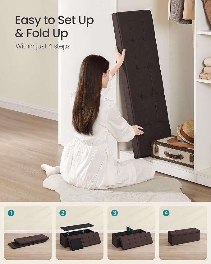 SONGMICS MAZIE Collection - 43 Inches Folding Storage Ottoman Bench, Ottoman Foot Rest, End of Bed Bench, Storage Chest, Load 660 lb, for Living Room, Bedroom, Entryway, Brown ULSF77BR