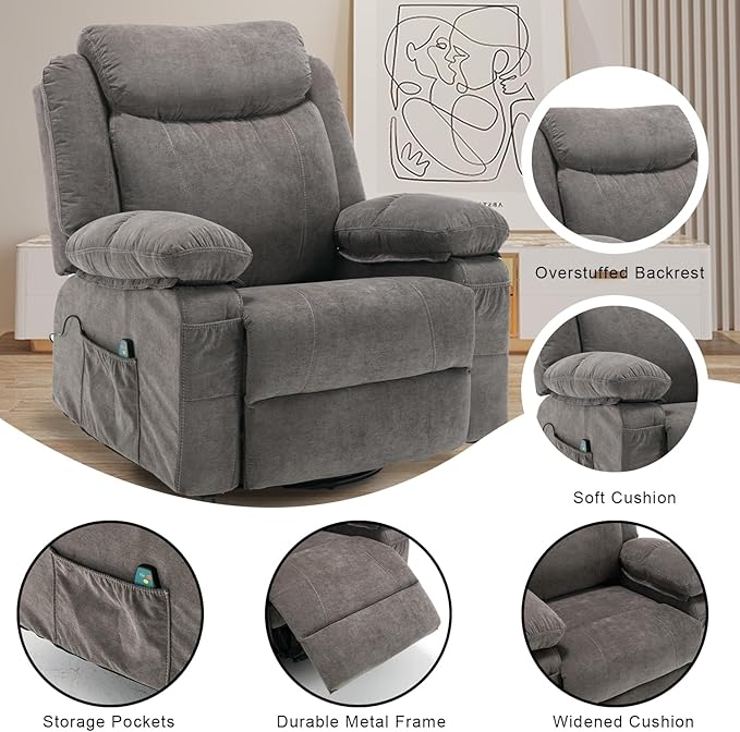 Rocker Recliner Chair with Massage and Heat, Overstuffed Swivel Recliners, Oversized Fabric Recliners Singl Sofa Manual Reclining Home Theater Lounge Chairs for Living Room Adults, Grey