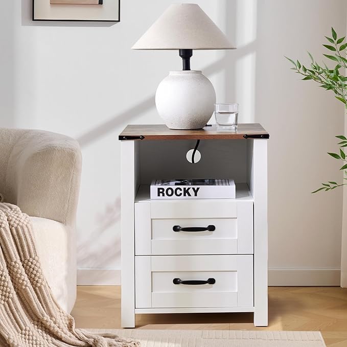 Farmhouse Night Stand Set of 2, Rustic White Nightstand for Bedroom, End Tables with Charging Station, Bedside Table with Drawers, Wood Bedside Cabinet Dresser
