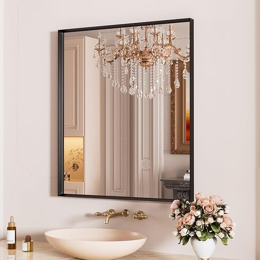 Black Bathroom Mirror, 24x28 inch Black Metal Vanity Mirror, Tempered Glass, Square Corner, Farmhouse, Entryway, Wall Mounted Rectangle Mirror(Vertical/Horizontal)