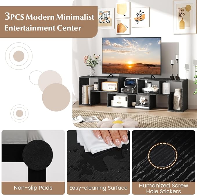 GOFLAME 3 Pieces TV Console Stand, Modern Entertainment Center for 50 55 60 65 Inch Flat Screen TV, Free Combination Bookcase for Storage & Display, Suitable for Living Room (Black Wood Grain)