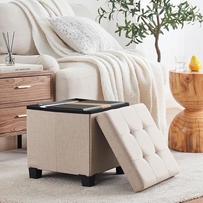 Ornavo Home 15 Inch Folding Storage Ottoman with Storage, Square Cube Linen Small Storage Ottoman Foot Rest Stool with Legs - Beige