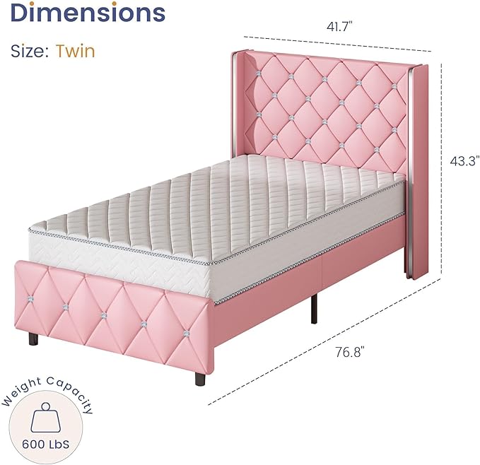 Twin Bed Frame with Headboard, Faux Leather Upholstered Bed with Diamond Tufted Design, Girls' Twin Bed Frames for Kids, No Box Spring Required, Easy Assembly, Pink