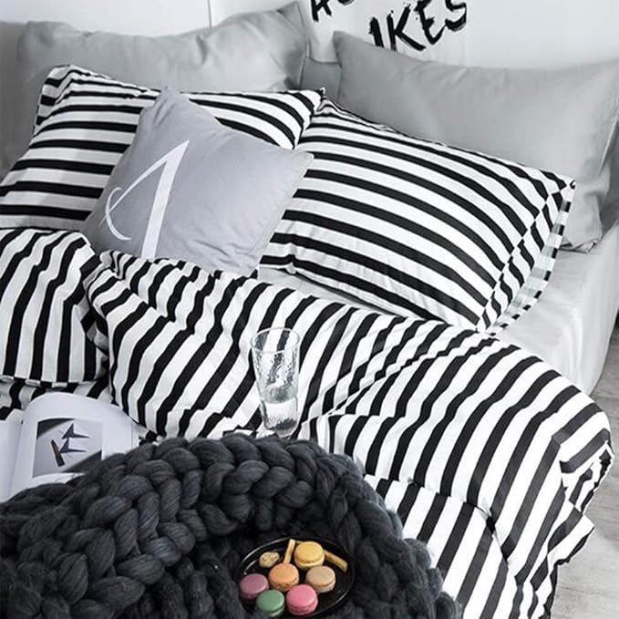 Luxlovery Black and White Comforter Set King Men Women Striped Bedding Set Farmhouse Ticking Stripes Bedding Blanket Geometric Lines Modern Comforter Set with 2 Pillowcases