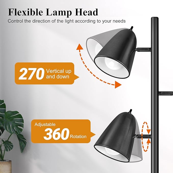 QiMH Tree Floor Lamp with 3 Light Bulbs, Standing Tall Pole Lamps for Living Room Bedroom Office, Reading Stand up Lamps with 3 Adjustable Arms, Black