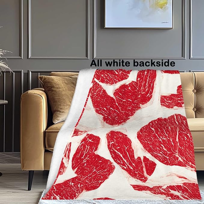 Funny Throw Blanket, Funny Realistic Food Blanket, Beef Printed Gift for Men Women, Lightweight Fleece for Sofa, Bedroom, Home Decor, 50x60 Inches