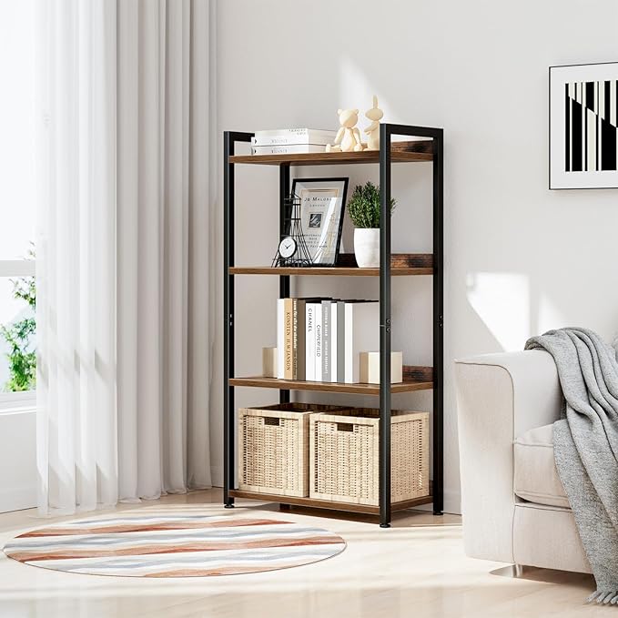 NUMENN Bookshelf, 4 Tier Bookshelves, Home Office Bookcase Shelf Storage Organizer, Free Standing Storage Shelving Unit for Bedroom, Living Room and Home Office, Vintage