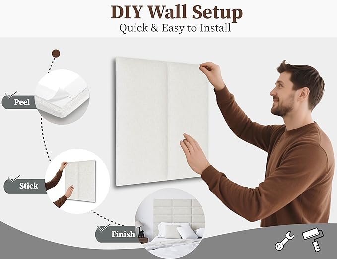 Upholstered Headboard Queen, 9PCS Peel and Stick Wall Mounted Bed Panels, Tufted Padded Wall Decor Panels, Queen Bed Headboard Only, Interior Use, 10"x24" Each, Beige