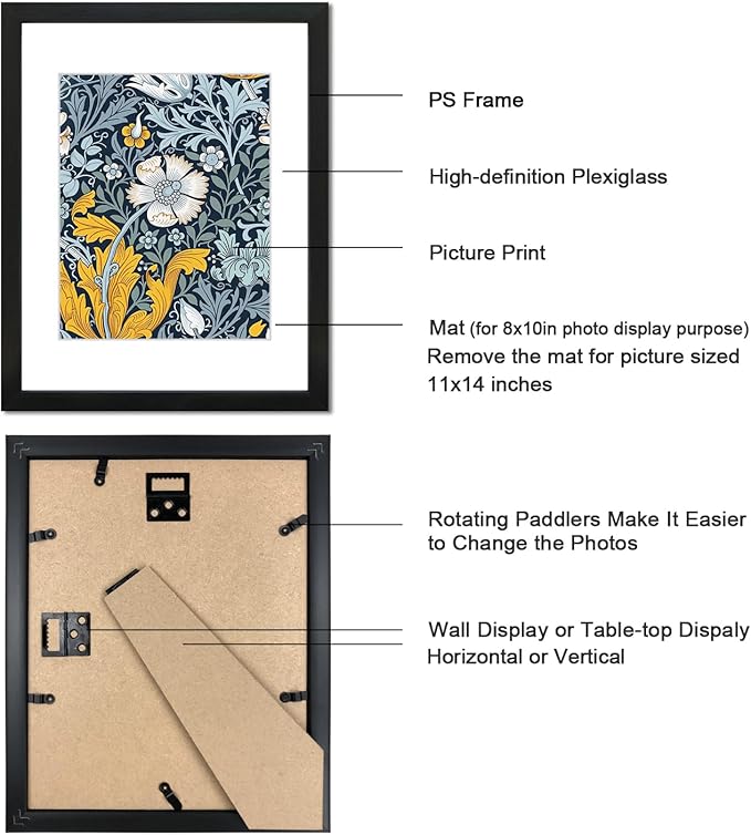 11x14 Picture Frame Set of 9 for Pictures 8x10 with Mat or 11x14 Without Mat, Wall Gallery or Tabletop display Photo Frames in Black