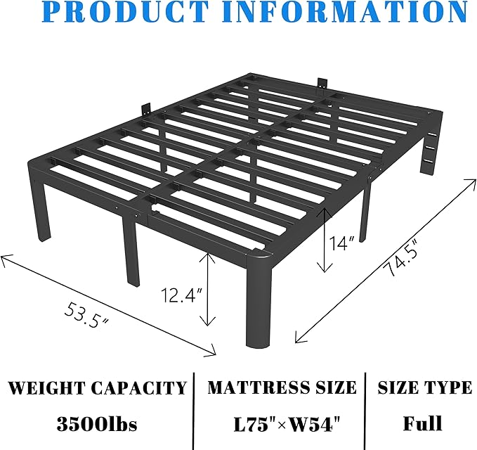 14 Inch Full Size Bed Frame, Metal Bed Frame Full with Gaskets, No Box Spring Needed, Heavy Duty Steel Platform Supprt, Rounded Corner Legs, Reserved Holes, Noise Free, Storage Space, Black
