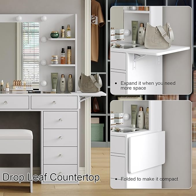 Vanity Desk with Power Outlet, 47'' W Makeup Table with Mirror and 12 LED Lights, 3 Color Lighting Modes, 11 Drawers Makeup Vanity with 4 Shelves, Fold-up Panel, Glass Top, Vanity Set for Bedroom