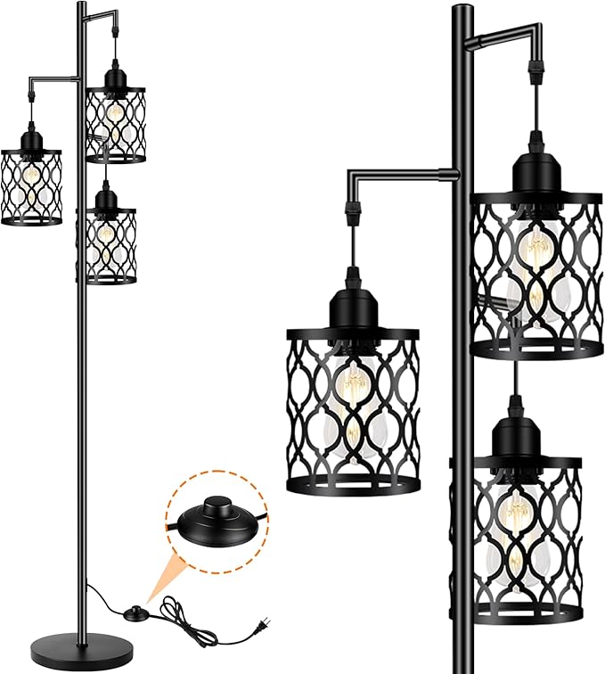 Industrial Floor Lamp, Metal Farmhouse Floor Lamp for Living Room, Rustic Standing Tall Lamps with 3 Elegant Cage Heads, Tree Floor Lamps for Bedrooms, Home Office, Bar, 68", Black, Bulb Not Included