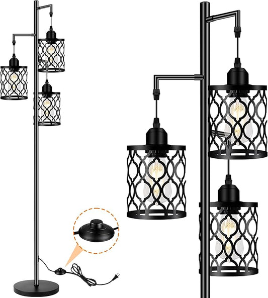 Industrial Floor Lamp, Metal Farmhouse Floor Lamp for Living Room, Rustic Standing Tall Lamps with 3 Elegant Cage Heads, Tree Floor Lamps for Bedrooms, Home Office, Bar, 68", Black, Bulb Not Included