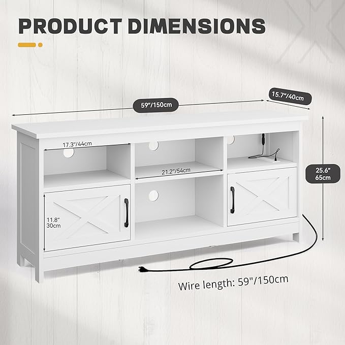 YITAHOME TV Stand for 65 Inch TVs, Entertainment Center with Storage Cabinets, Power Outlet & LED Light, Media Console Living Room Furniture, White