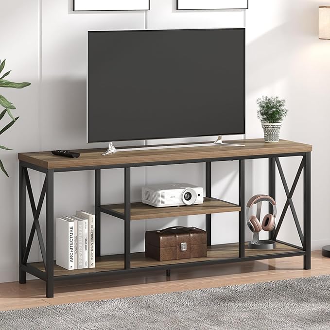 FOLUBAN TV Stand for TV up to 65 inch, Rustic Wood and Metal Entertainment Center with Storage Shelves, Modern Industrial Media TV Console Table for Living Room, Oak 55 inch