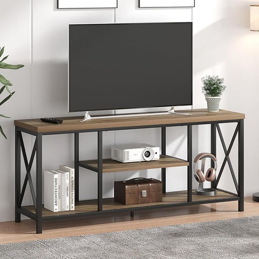 FOLUBAN TV Stand for TV up to 65 inch, Rustic Wood and Metal Entertainment Center with Storage Shelves, Modern Industrial Media TV Console Table for Living Room, Oak 55 inch
