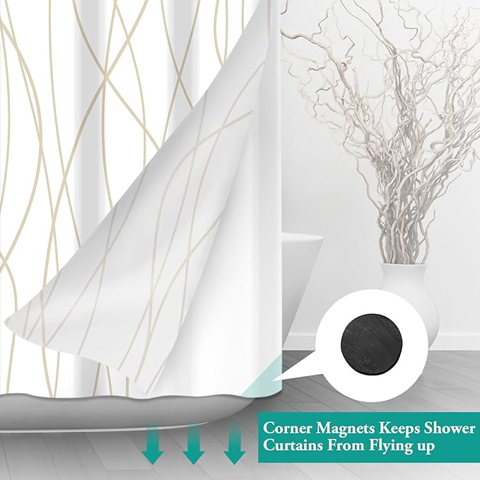 No Hook Beige Khaki Striped Stall Shower Curtain with Snap in Fabric Liner Set - Hotel Shower Curtain and Liner Set with See Through Mesh Top Window,Machine Washable, 54x80 INCH