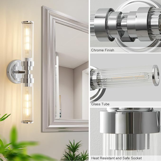 Bathroom Light Fixtures, Chrome Wall Sconce in Threaded Glass Indoor Vanity Lights, Modern Bathroom Vanity Light Up and Down Sconces Wall Lighting for Bathroom, Living Room - Bulb Not Included
