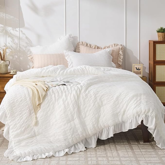 JOLLYVOGUE Queen Comforter Set, 3 Pieces White Seersucker Comforters Queen Size, Lightweight & Fluffy Bedding Sets Queen for All Season with 1 Ruffle Comforter and 2 Ruffle Pillowshams