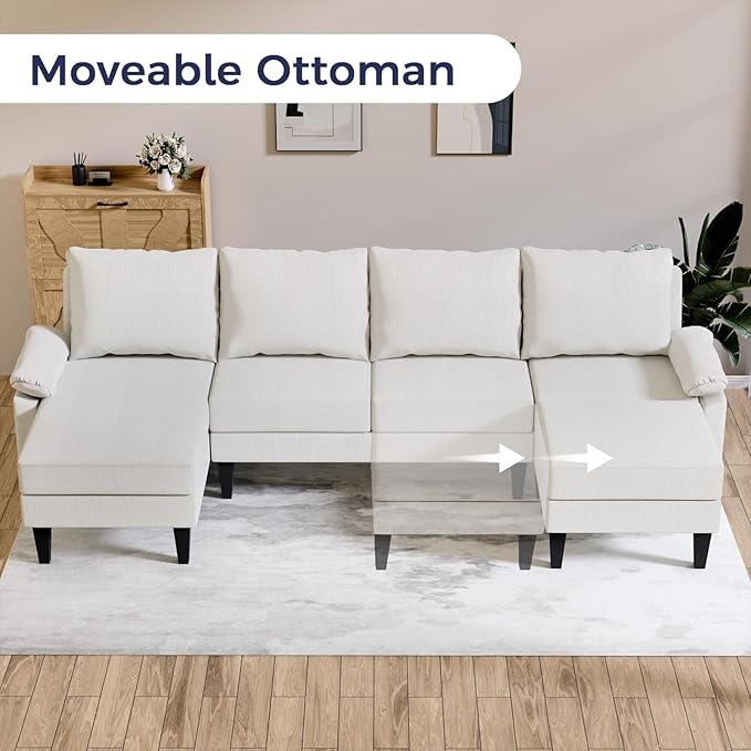 U Shaped Sectional Couch, Convertible Modular Sectional Sofa with Chaise & Ottomans, Modern 6 Seat U Shaped Couches for Living Room Apartment, Beige