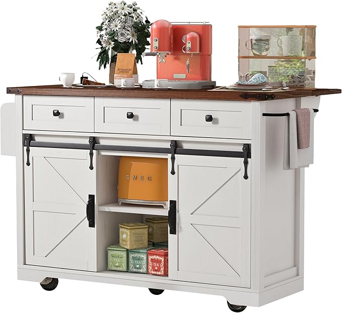 Merax 53.7" Kitchen Cart Island on Wheels with Power Outlet,Drop Leaf and 2 Sliding Barn Door,Farmhouse Style Storage Cabinet for Dining Room
