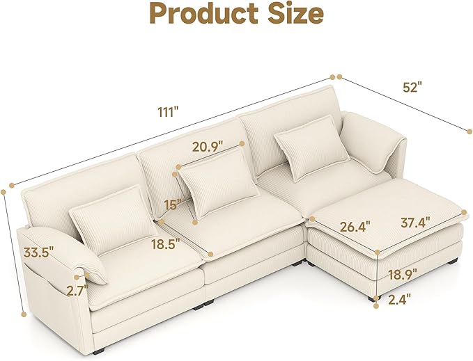 Real Relax 111'' Modular Sectional Sofa, L Shaped Corduroy Convertible Couch with Movable Ottoman, 6 Pillows and 2 Armrest Pillows for Living Room, Office and Leisure Places, Beige