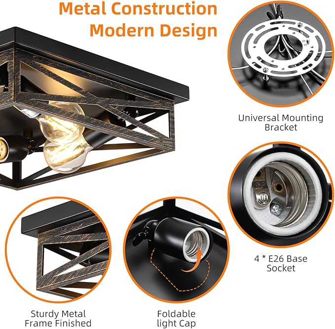 Farmhouse Rustic Ceiling Light for Kitchen, 4-Light Hallway Flush Mount Light Fixtures Ceiling Mount, Industrial Metal Cage Ceiling Light for Farmhouse,Kitchen,Hallway E26 Base (1 Pack 13in)