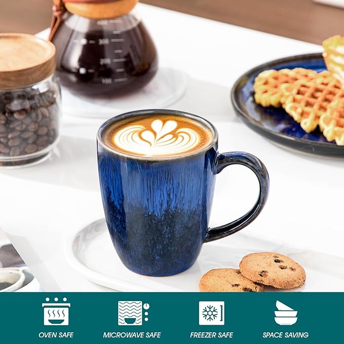 vancasso STARRY Ceramic Coffee Mug Set of 6, 16 Oz Tea Cups with Handle for Latte, Tea, Cappuccino, Milk, Cocoa, Microwave&Dishwasher Safe, Blue