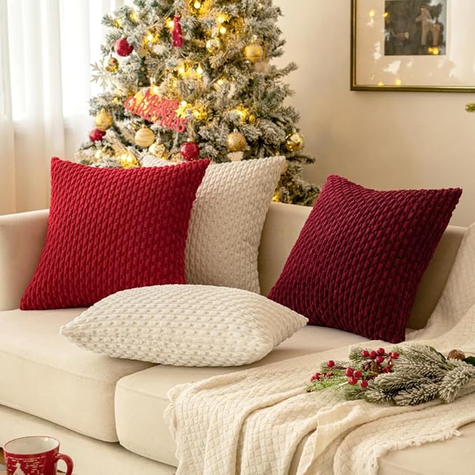 MIULEE Christmas Wine Red Throw Pillow Covers Soft Corduroy Decorative Eruo Sham Set of 2 Boho Striped Pillow Covers Pillowcases Farmhouse Home Decor for Couch Bed Sofa Living Room 24x24 Inch