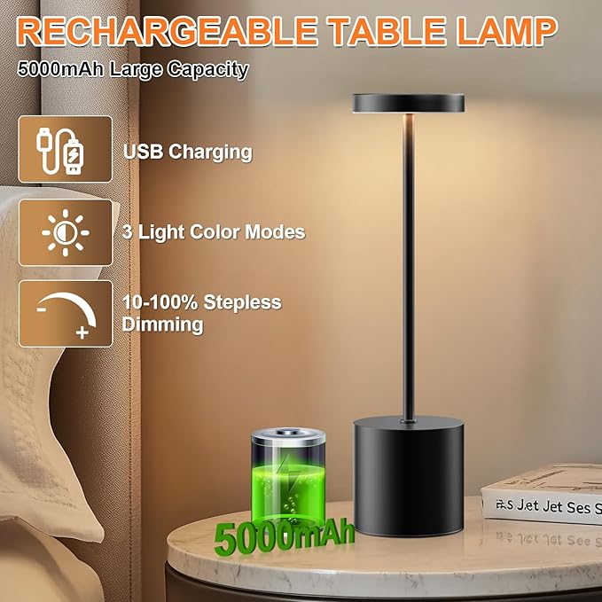 Rechargeable Table Lamp –Outdoor Touch Cordless Desk Lamps, 5000mAh Battery Operated Lamp with 3-Color Dimmable Light, Portable LED Lamp for Bedroom, Dining Room, Patio, Outdoor (Black)