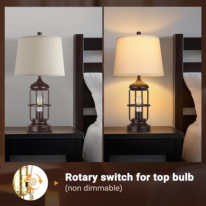 QiMH Table Lamp for Bedroom with USB A+C Ports, Farmhouse Bedside Lamp with Night Light, 3-Way Dimmable Touch Control, Rustic Industrial Nightstand Lamp for Living Room,1 Pack (2700K Bulbs Included)