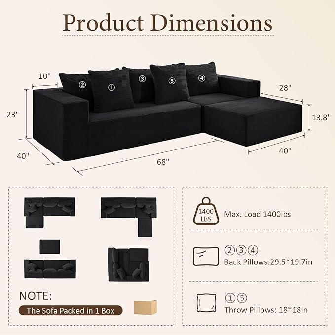 INGEROOM 108" Cloud Sectional Couch with L-Shape Chaise, Modular Sofa Memory Foam, Boneless Sofa with Movable Ottoman, Upholstered Couches for Living Room Bedroom, No Assembly Required, Black