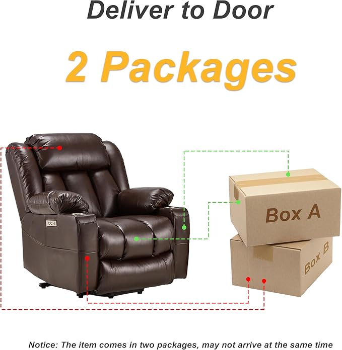 Power Lift Recliner Leather Chair Sofa with Massage & Heat, Lazy Boy Chair with Cup Holders, USB & Type-C Ports, Remote Control (Brown)