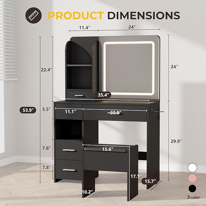 Vanity Desk with Mirror and Lights, 3 Lighting Colors and Power Outlet Makeup Vanity Desk with 5 Large Drawers and 3 Storage Shelves, Black Vanity with Storage Stool for Bedroom