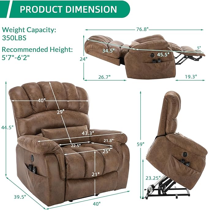 VIVIJASON Tall Man Large Dual Motor Power Lift Recliner Chair with Extended Footrest, Overstuffed Lay Flat Sleeper Electric Recliner W/Heat & Massage, Lumbar Pillow, USB & Type-C Ports, Brown