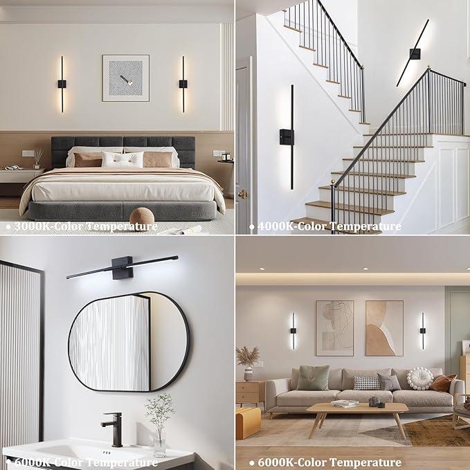 Battery Operated Wall Sconce Set of 2, 10400mAh Rechargeable Wall Lights, 3000K-6000K Dimmable, 350°Rotate, Indoor Wall Sconces with Remote for Bedroom Living Room Bathroom, Black, 31.5 Inch