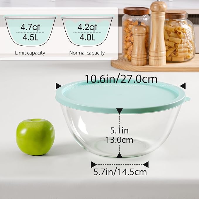 NUTRIUPS 4.7 Quart Large Glass Mixing Bowl with Lid, Deep Big Glass Bowl Large Salad Bowl (Horizon Green)