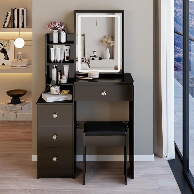 29.2" Small Vanity Desk with Mirror and Lights, Makeup Table with Led Lights and Sliding Mirror, 3 Lighting Colors, Vanity Set with Drawers and Stool for Small Space and Bedroom, Black