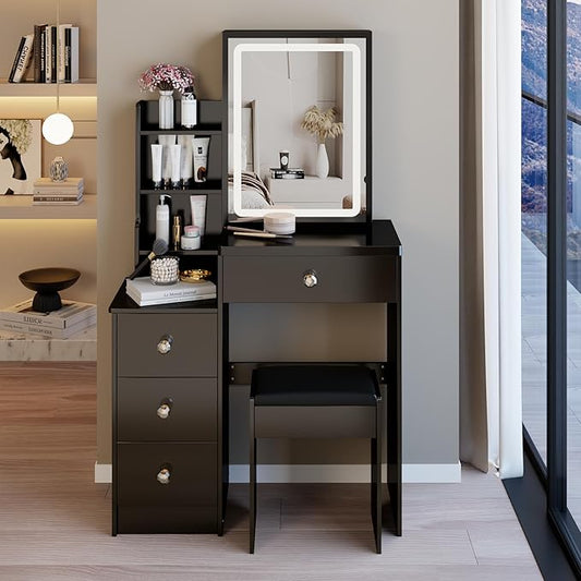 29.2" Small Vanity Desk with Mirror and Lights, Makeup Table with Led Lights and Sliding Mirror, 3 Lighting Colors, Vanity Set with Drawers and Stool for Small Space and Bedroom, Black