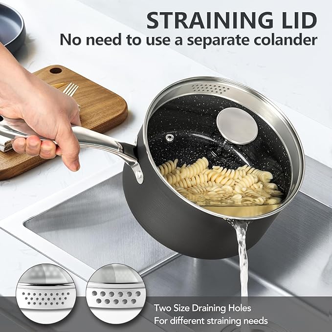MICHELANGELO 3 Quart Saucepan with Lid, Hard Anodized Nonstick Sauce Pan with Strainer Lid & Pour Spouts for Easy Pour, Granite Derived Coating Sauce Pan for Cooking, Small Pot - 3 Qt Saucepan