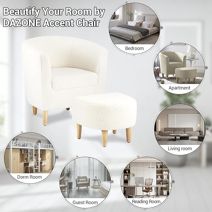 DAZONE Sherpa Accent Chair with Ottoman, White Fluffy Teddy Barrel Armchair for Cozy Living Room, Small Comfy Chairs for Bedroom, Reading Corner
