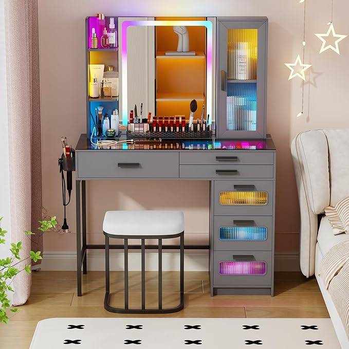 Vanity Desk with Mirror and RGB Lights，Glass top Makeup Vanity Table Set with Stool & Charging Station, Dressing Table with RGB Cabinet,6 Drawers,Lipstick Grid for Bedroom,Grey