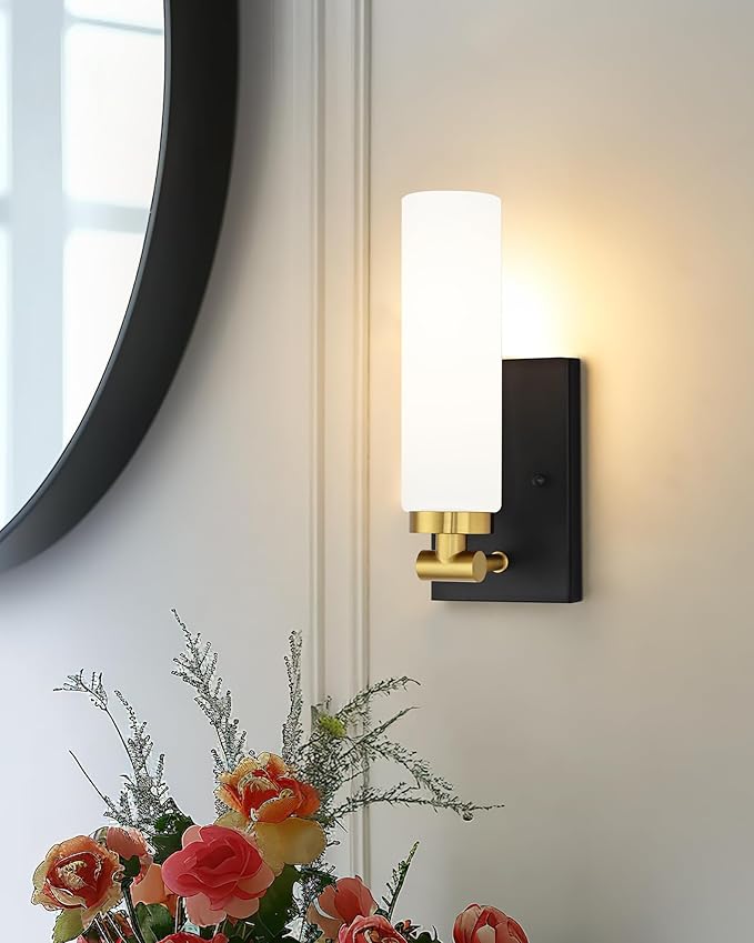 Emak Bathroom Sconces Set of 2, Black and Gold Wall Sconce with Milk Glass Shade, Modern Farmhouse Bathroom Light Fixtures for Living Room, Bedroom, Gallery, WS086-BKBGD-ML-2PK