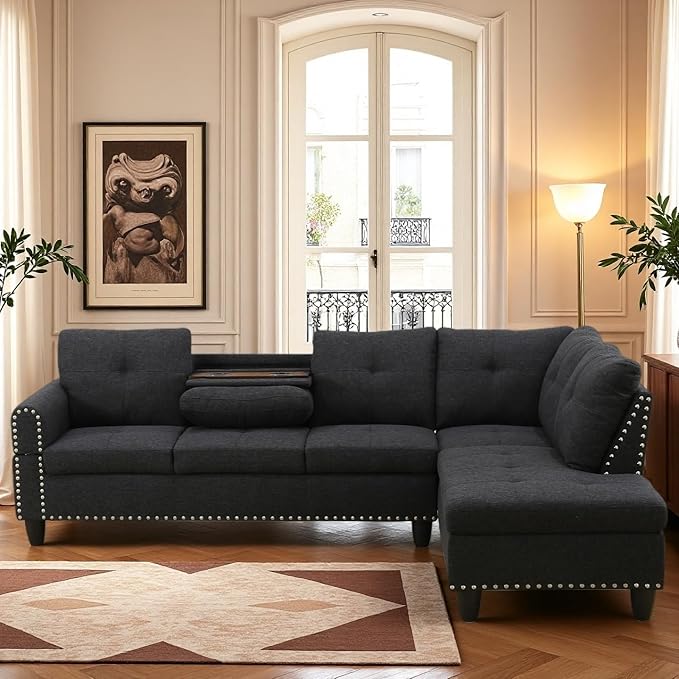 L Shaped Couch, Modular Sectional Sofa with Chaise, Modern Modular Sofas Furniture Sofa Couches for Living Room/Apartment/Office/Bedroom, Black Grey