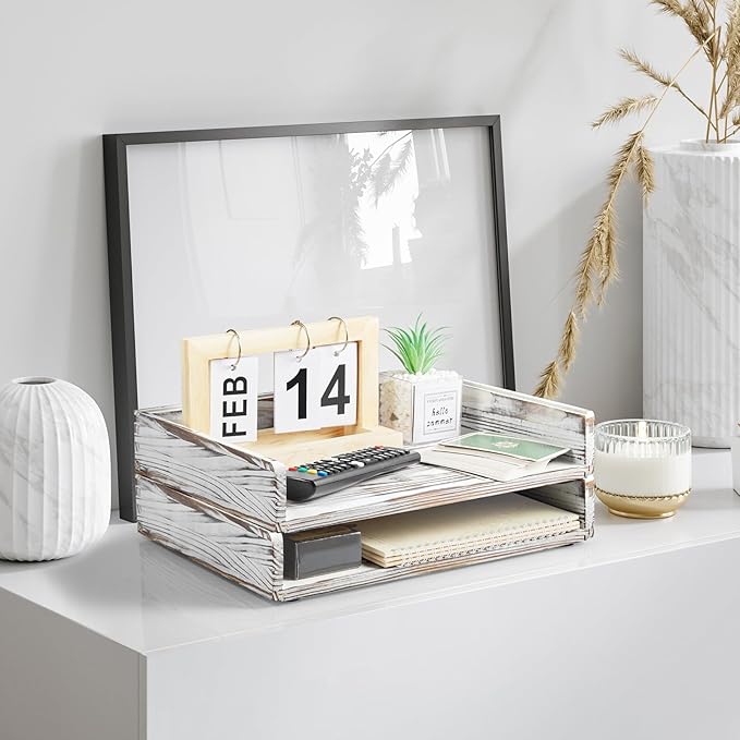 DRASTAR Paper Organizer for Desk, Wood Stackable Paper Tray, Office Desk Organizers & Accessories, Letter Tray Retro White