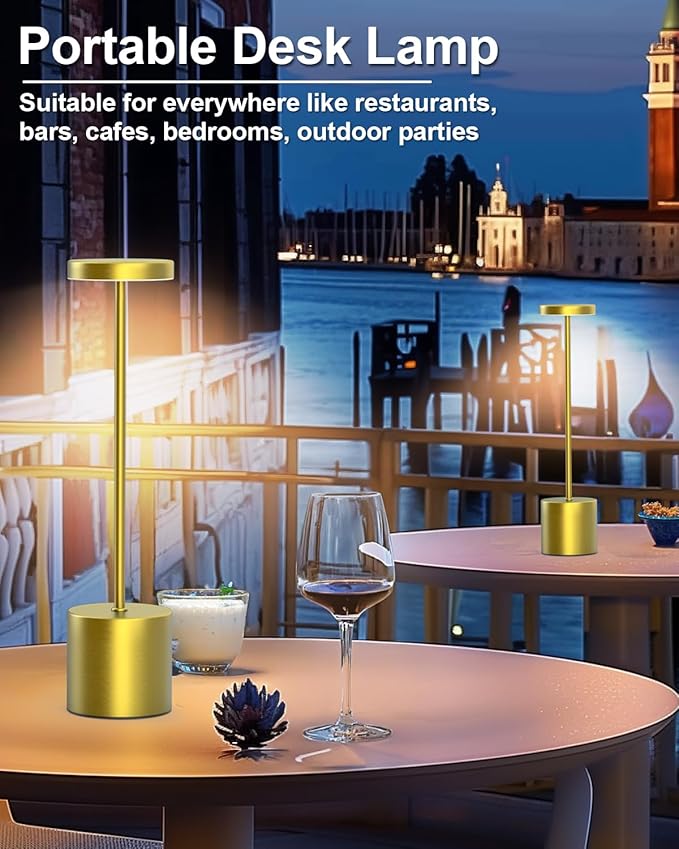 Cordless Table Lamps Rechargeable, Portable LED Desk Lamp, 5000mAh Battery Powered Wireless Table Light - 3 Color Dimmable Lighting for Restaurant Dining Patio Outdoor Bedroom(Gold)