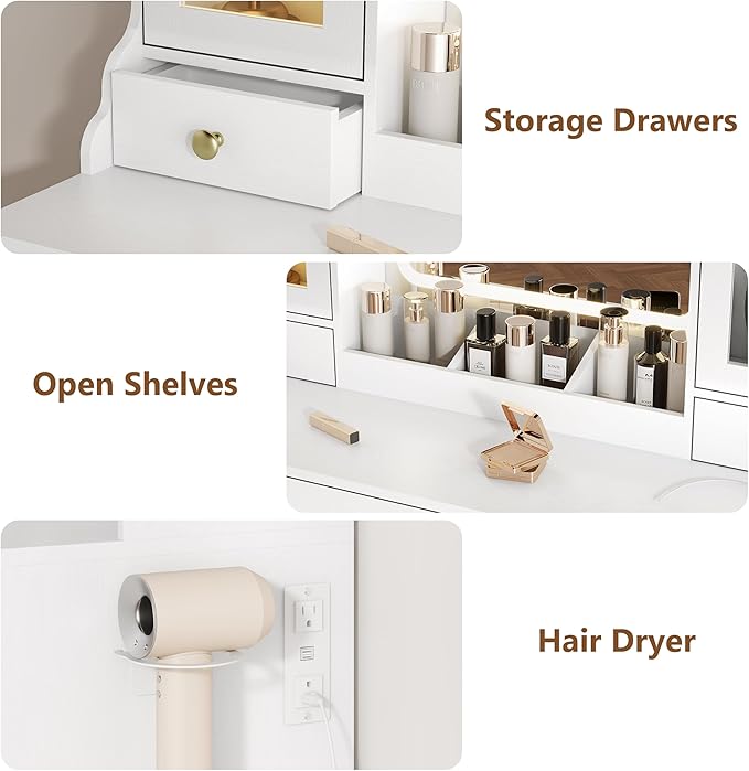 White Vanity Desk with Mirror and Lights, Makeup Vanity Table with Lighted Mirror, 5 Drawers & RGB Cabinet, Dressing Table Set with Charging Station for Girls Bedroom, 3 Lighting Modes